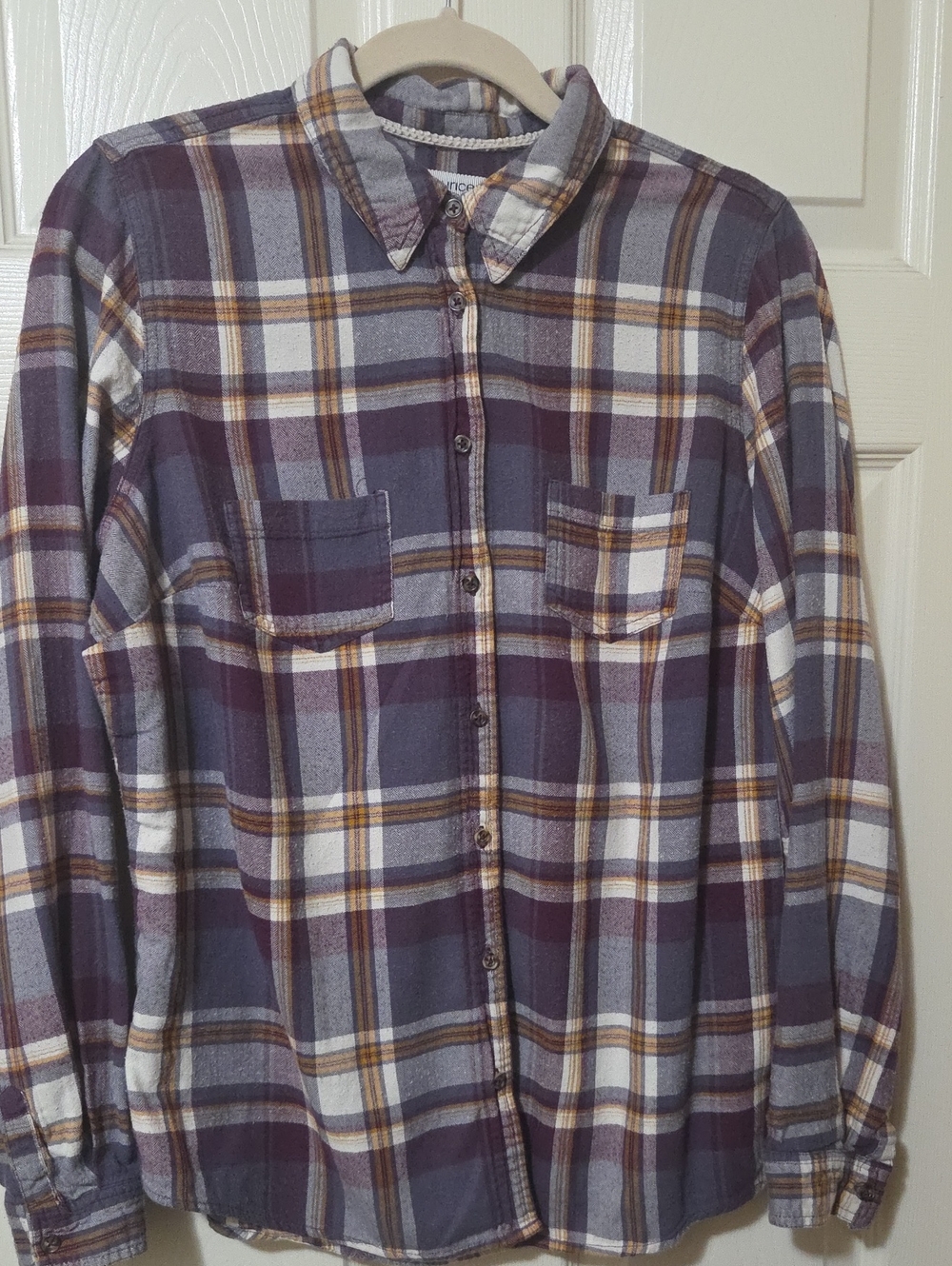 Maurices Flannel Plaid Button-Down Shirt in Purple, Gray, White and Brown